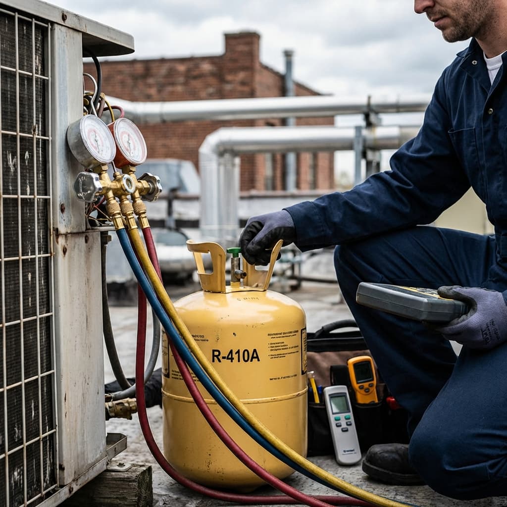 Technicien frigoriste rechargeant une clim en gaz R32