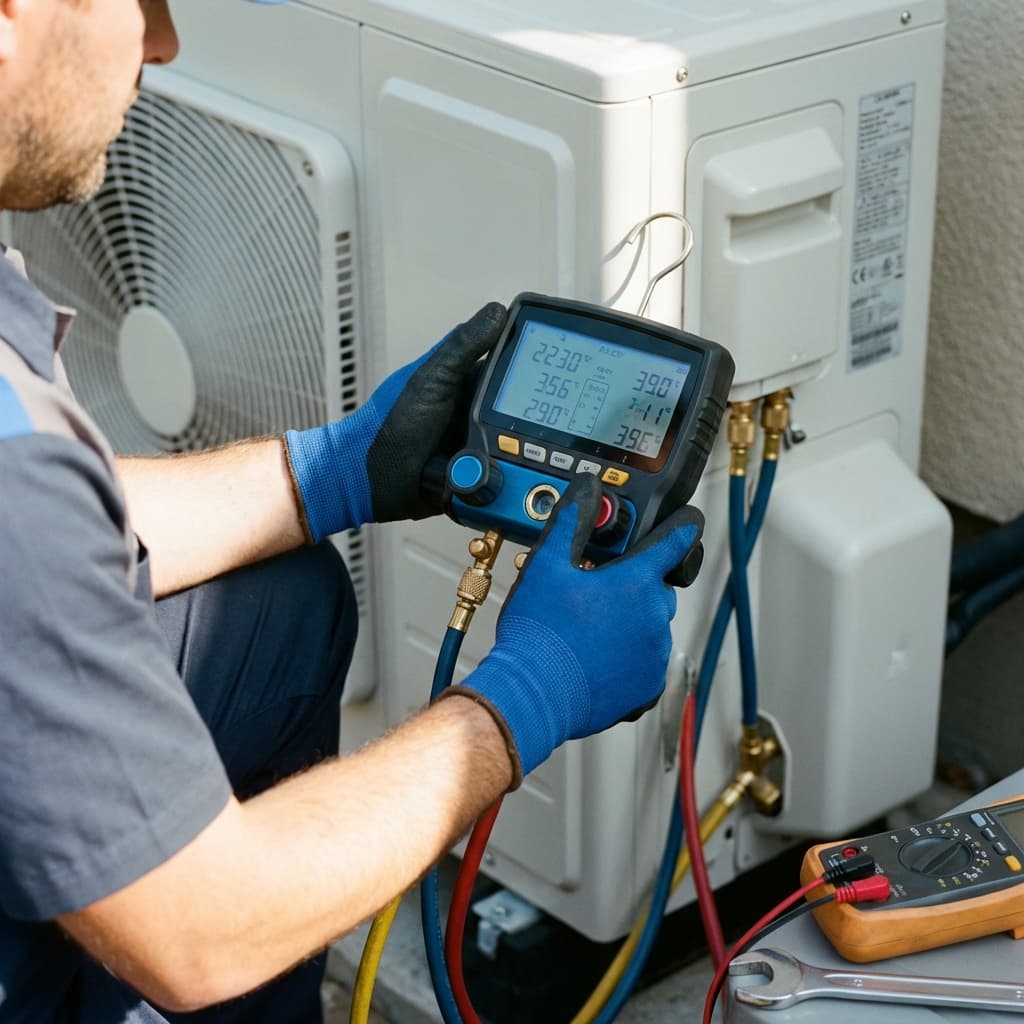 Technicien nettoyant une climatisation