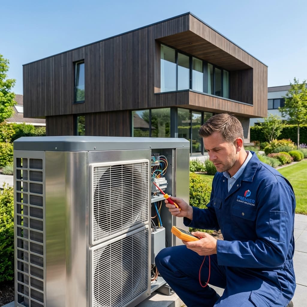 Technicien réparant une pompe à chaleur