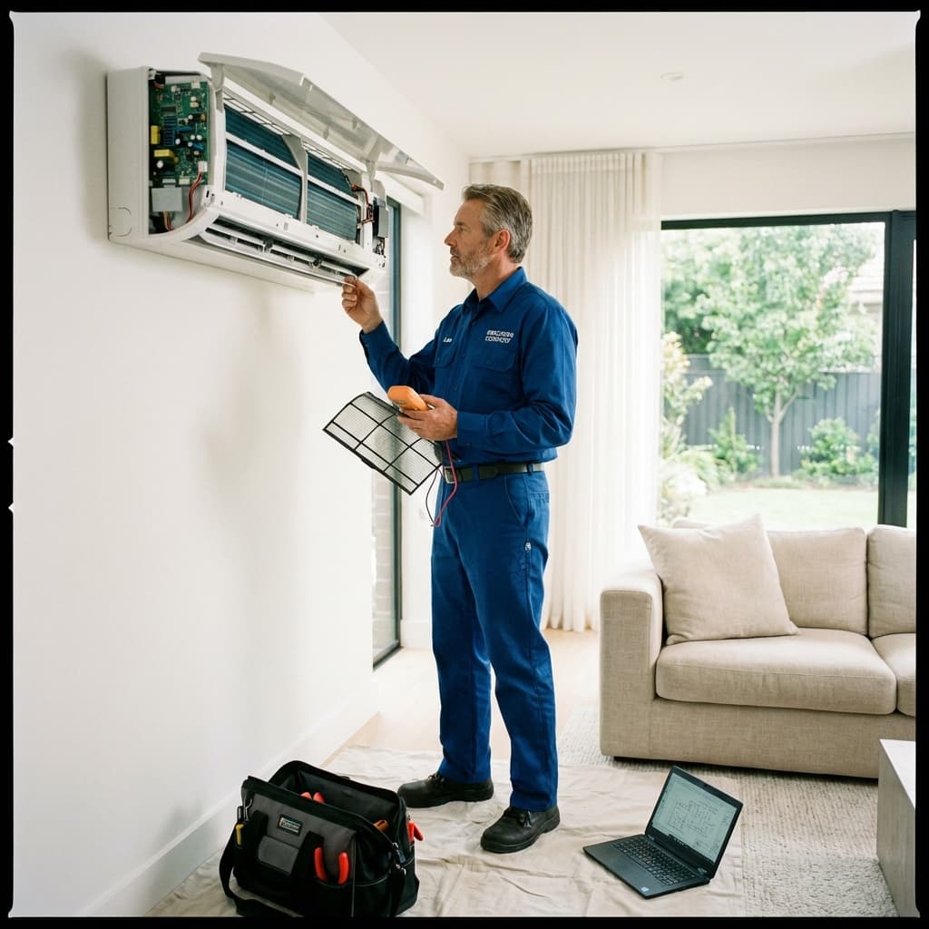 Technicien réparant un split mural